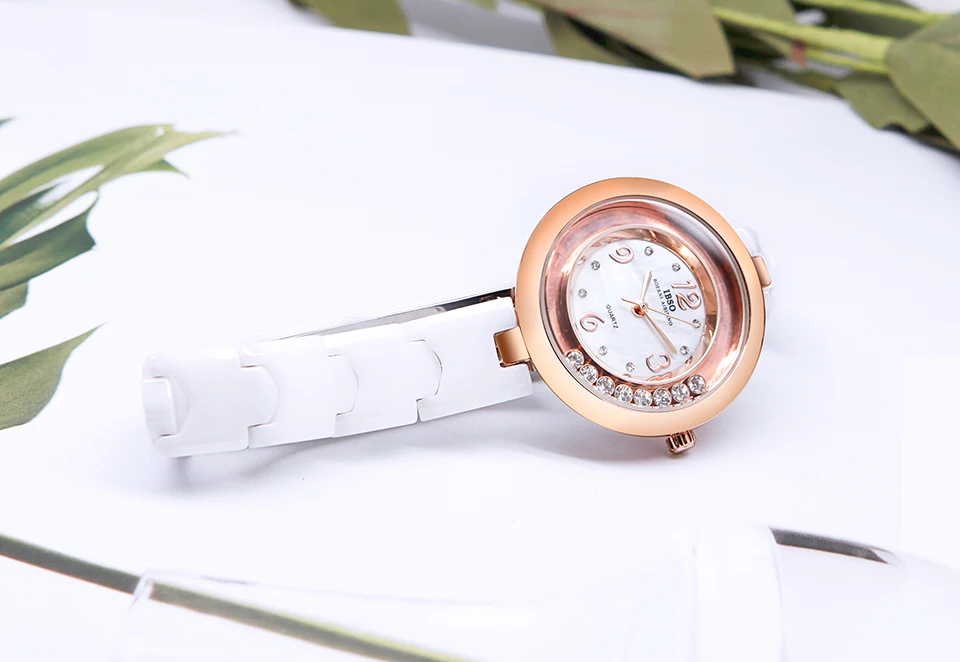 IBSO, новинка, женские часы с керамическим ремешком,, вращающийся кристалл, бриллианты, женские часы, корпус, циферблат, кварцевые часы для женщин, Montre Femme