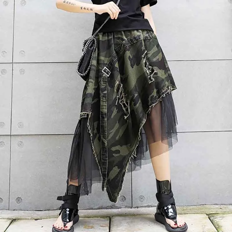 

[YaLee] New Fashion 2019 Summer Elastic Wasit Holes Bandage Stitching Mesh Large Size Asymmetrical Half-body Skirt Women A081