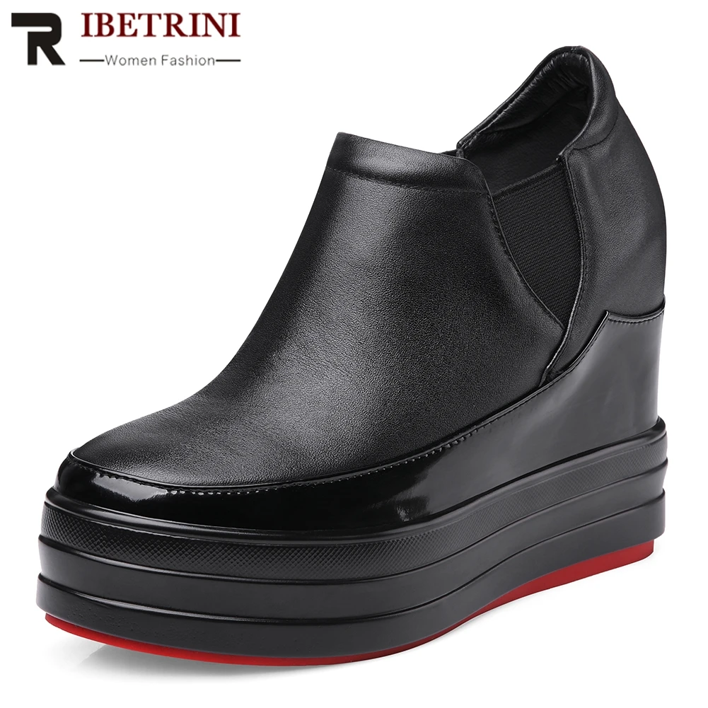 

RIBETRINI 2019 New Platform Slip Onshoes Genuine Leather Shoes Woman Spring Autumn Woman Casual Wedges Shoes Women Size 32-40