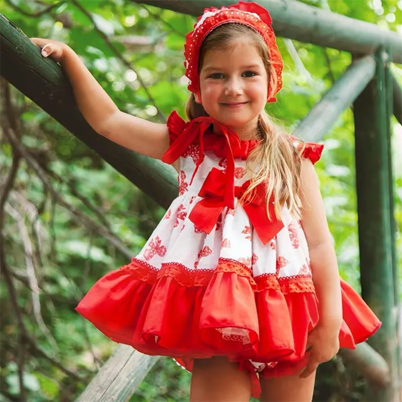 Новое летнее Хлопковое платье принцессы с красным принтом для девочек винтажное платье с бантом в испанском стиле вечернее платье Лолита для девочек G043