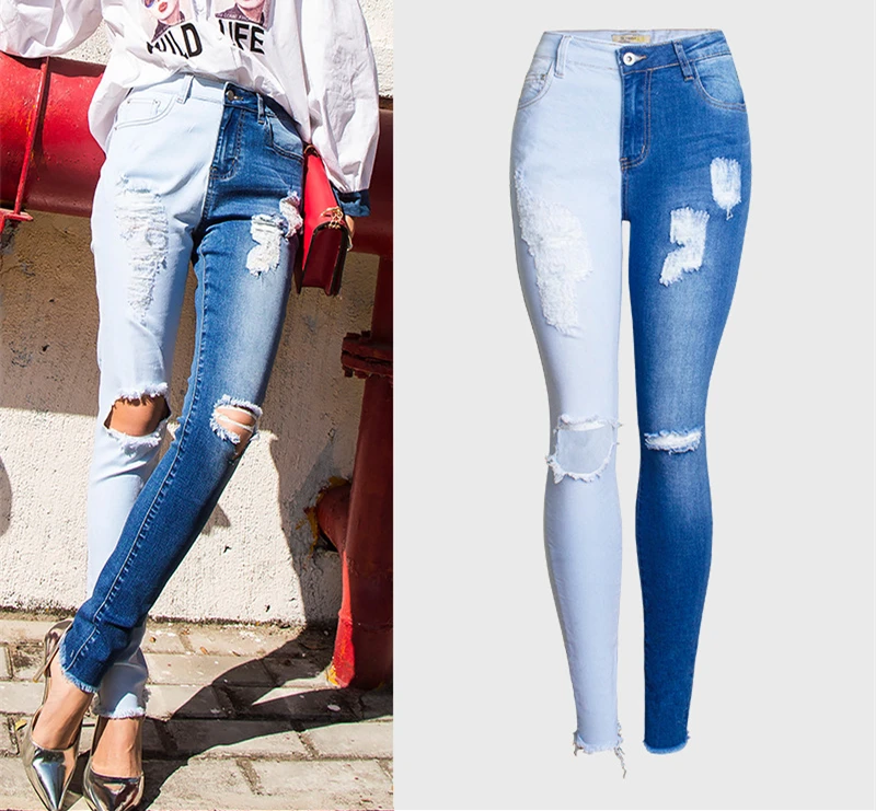 LOGAMI Skinny Ripped Jeans Woman 2018 Contrast Color Slim Jeans For Women Denim Pants Plus Size 4XL