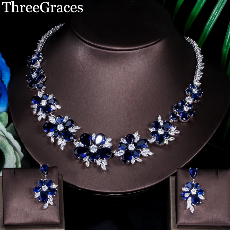 

ThreeGraces Luxury Bridal CZ Necklace Earrings Royal Blue Crystal Beads Wedding Evening Party Jewelry Sets For Women JS021