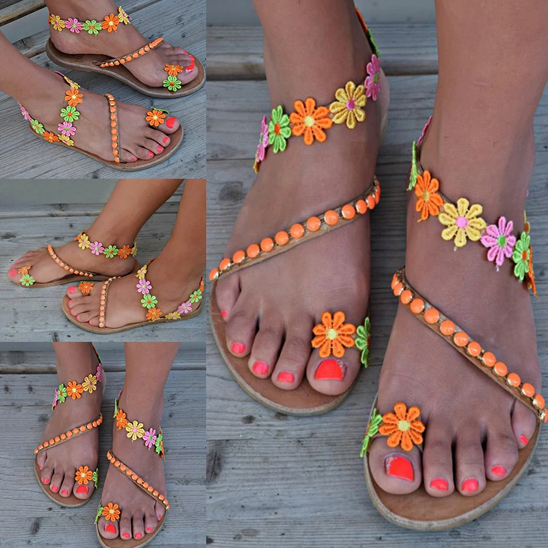 2019 النساء الصنادل الحلو الزهور الصيف أحذية امرأة الشاطئ صندل مسطح الوجه بالتخبط السيدات لينة أسفل النعال زائد أحجام 35- 43