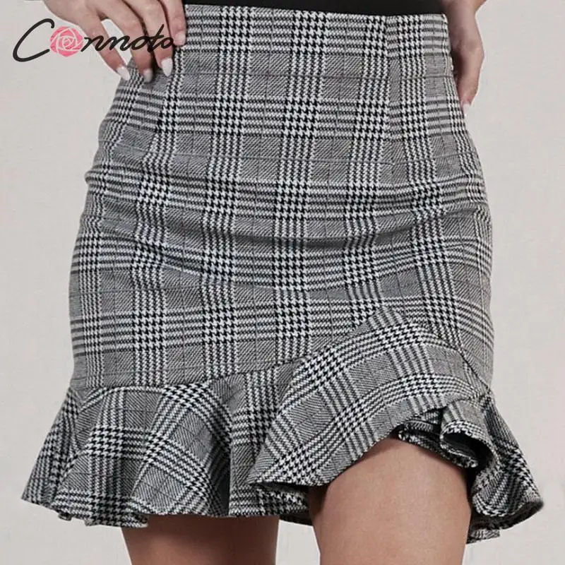 

Conmoto Women 2019 Autumn Winter Fashion Plaid Skirts Female Casual High Waist Ruffle Bodycon Skirts Mujer Business Chic Skirts