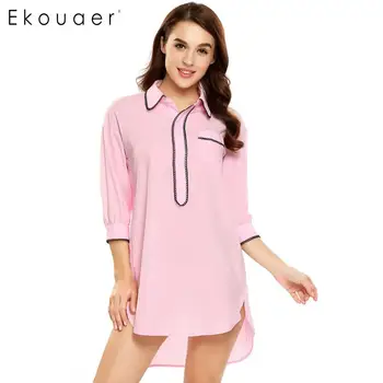 

Ekouaer Women Casual Cotton Sleep Top Long Sleeve Sleepshirts Solid Button-down Sleepwear Shirt Nightwear Female Home Clothes