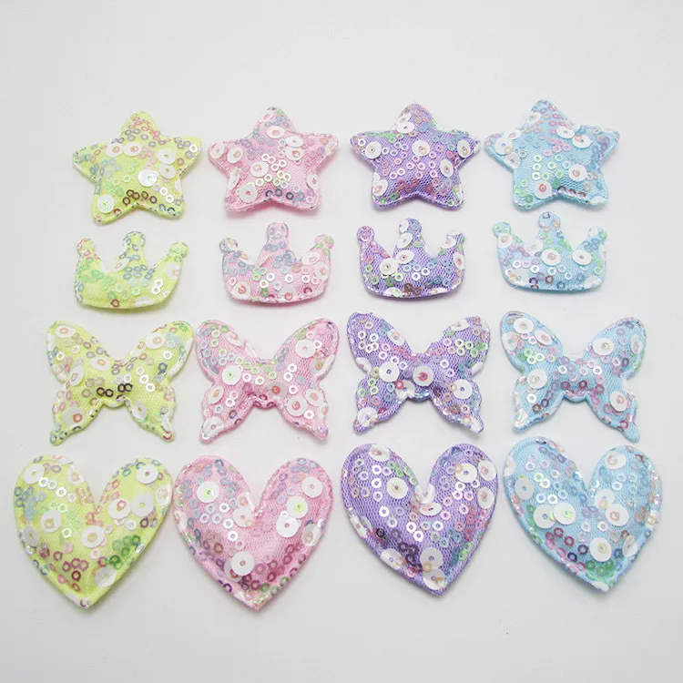 

12pcs Multi style Shiny Sequin Star/heart/Crown/butterfly Shape Padded Felt Appliques for Baby Hair Clip Ornament decoration