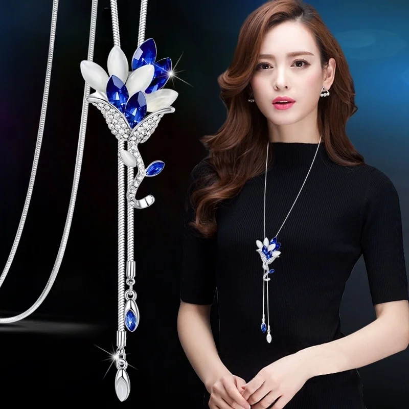 Lemon Value Fashion Statement Crystal Pendant Necklace Trendy Rhinestone Opal Long Sweater Chains Women Jewelry ZL240 | Украшения и