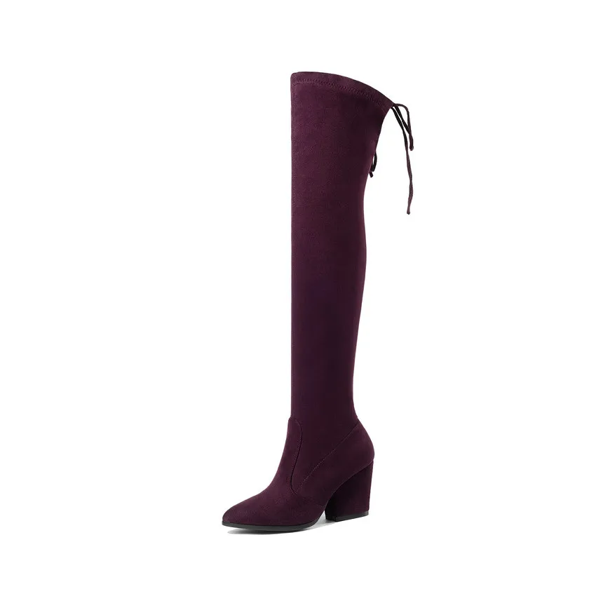 QUTAA г. Женские Сапоги выше колена осенне-зимняя обувь с острым носком женские флоковые сапоги на толстом каблуке размеры 34-43 - Цвет: Бордовый