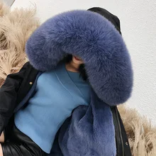 Новая женская зимняя верхняя одежда куртки Съемная подкладка из кроличьего меха Рекс воротник из лисьего меха Длинные Стильные пальто с капюшоном