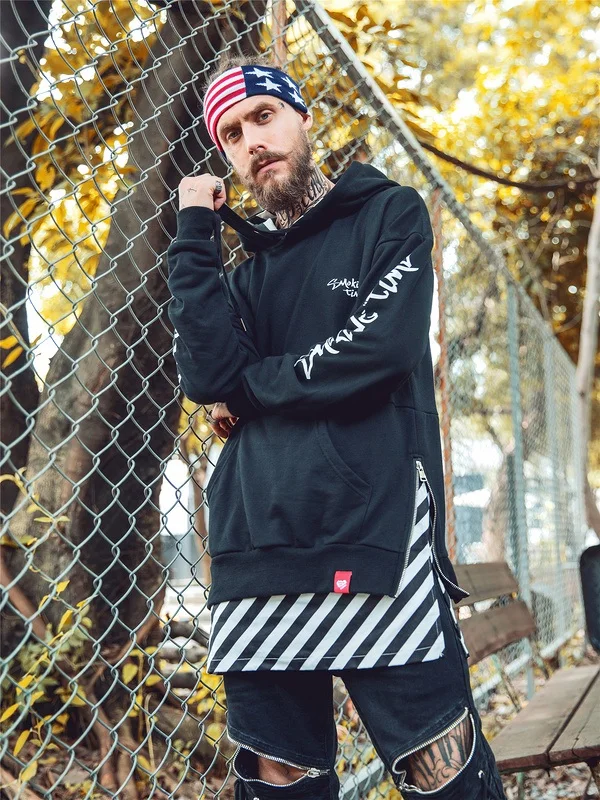Side Zipper Stripe Patchwork Hoodies 17