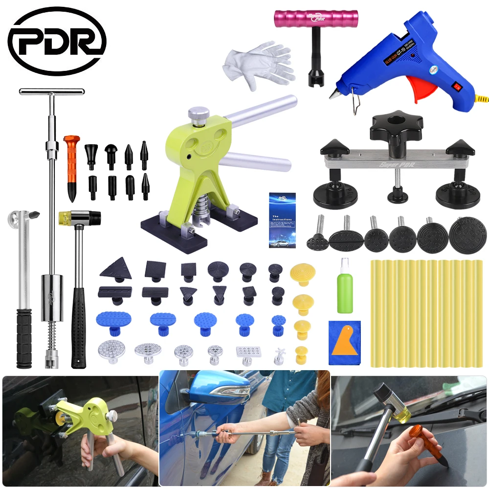 

PDR Repair Tools Kit Car Dent Lifter Uesful Tool Set 2 in 1 T Puller Glue Tabs Rubber Hammer for Hail Removal Tools
