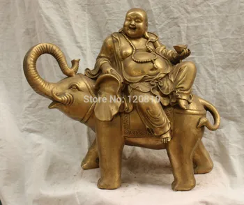 

17" Chinese Bronze Happy Laugh Maitreya Buddha Hold YuanBao On Elephant Statue