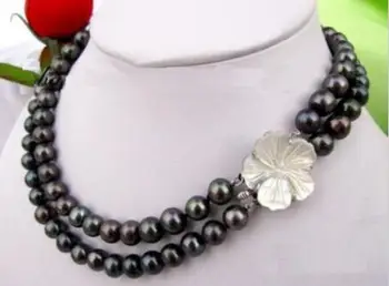

17 inch free shipping REAL 2 ROW AAA 9-10 MM SOUTH SEA BLACK NATURAL PEARL NECKLACE FLOWER CLASPgolden pearl necklace