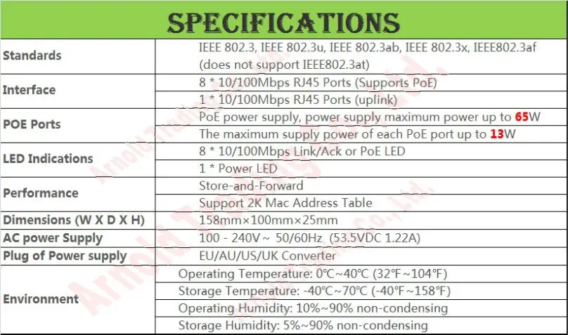 IP 카메라용 스틸 PoE 스위치, AP 모니터링 표준 PoE IEEE 802.3af, 8 포트, 10 Mbps, 100Mbps, 최대 65W, S109PS, Prom-