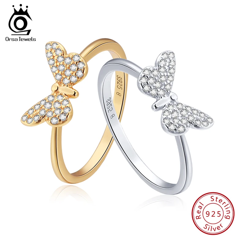 ORSA JEWELS Genuine 925 Sterling Silver Women Rings Cute Butterfly Silver&Gold Color AAA Cubic Zircon Fashion Ring Jewelry SR59