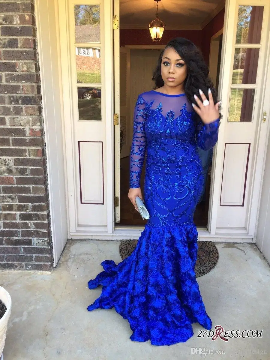 Zwarte Meisjes Royal Blue Mermaid Lange Prom Dresses Sheer Lange Mouwen 3d Bloemen Rok Pailletten Kralen Formele Partij Avondjurk