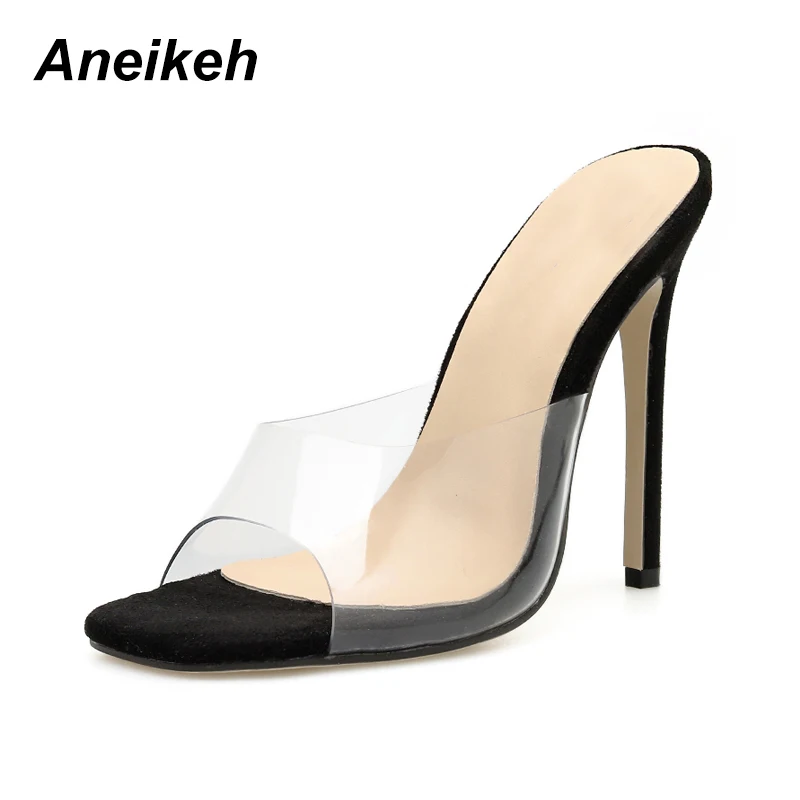 

Aneikeh 2019 Leisure PVC Summer Transparent Slippers Women Shoes Casual Thin Heel Round Toe Slip-On Black Weddings Solid Size 9