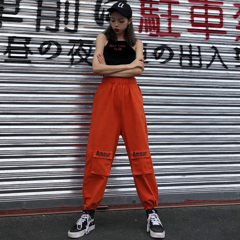

Women High Waist Patchwork Pants Orange Black Pencil Pants Streetwear Cargo Pants Loose Jogger Trousers Women Sweatpants Hip hop