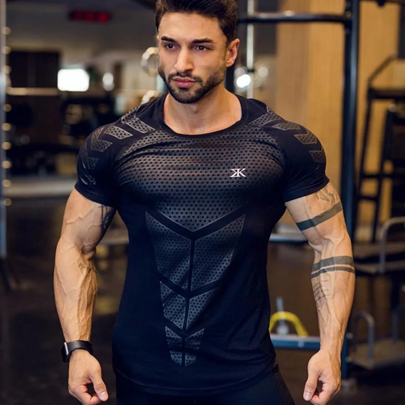 Compression Quick dry T-shirt Men Running Sport Skinny Short Tee Shirt Male Gym Fitness Bodybuilding Workout Black Tops Clothing 13