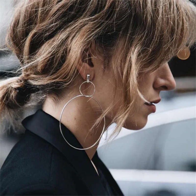 

New Hyperbole Big Statement Earrings Fashion Double Hollow Circle Drop Dangle Earrings For Women boucle d'oreille femme 2019