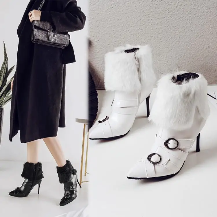 

Zipper 2019 autumn and winter new stiletto heels large size women's shoes fur snow boots