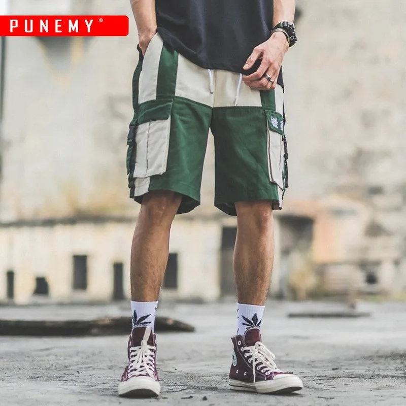 

Patchwork Color Block Men Shorts Mandarin Letter Print Drawstring Fashion Multi-pocket Hip Hop Streetwear Male Beach Shorts