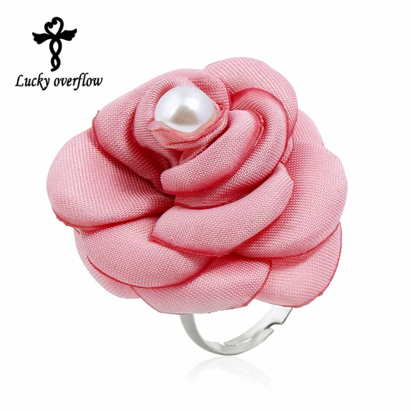 

2018 Fashion Flower Rings Costume Jewelry Alloy Fabric Beads Resizable Rings Pink Large Flower Rings for Women Christmas Gift