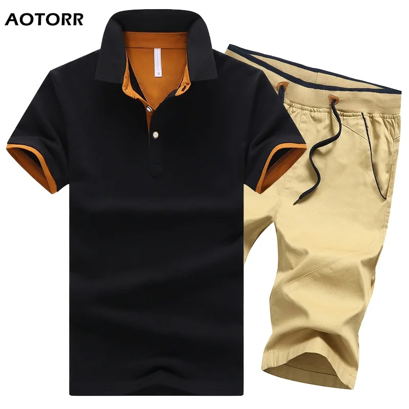 

Cotton Mens Sets Tracksuit Summer Button Polo Shirts Fasion Top Shorts Sets Men's 2 Piece Set Cloths Elastic Waist Shorts Men's