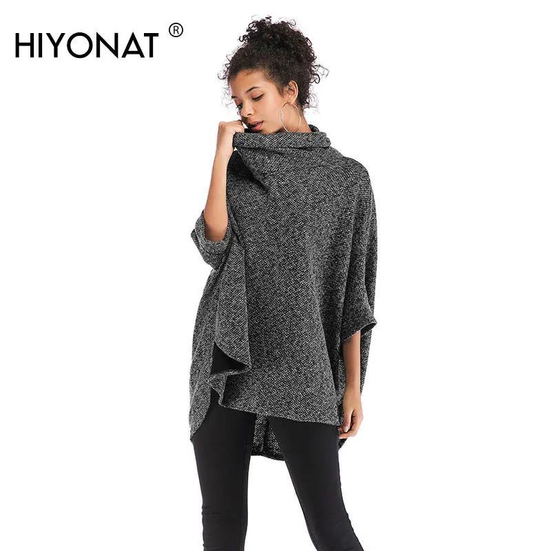 Hiyonat Long Cloak Sweaters Women Fall Turtleneck Ladies Sweater Textured Knit Warm Cape Pullover Ethnic Batwing Sleeve Tops
