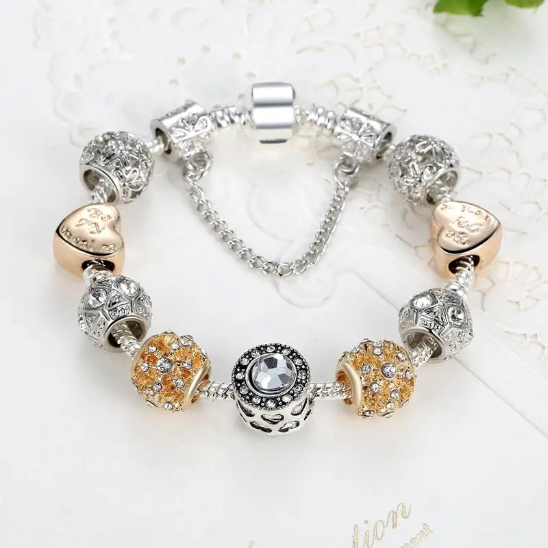 ELESHE European Style Crystal Charms Bracelet For Women With Silver Safety Chain Bracelet Bangle Vintage Jewelry Wedding