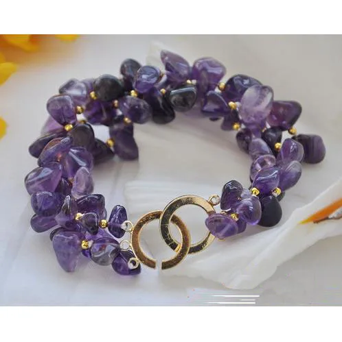 

Pearl Bracelet,3Rows 8 inches Purple A-methyst Stone Crystal Beads Bracelet