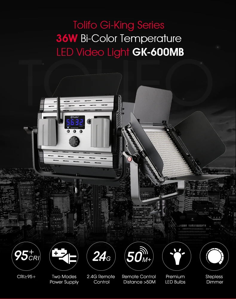 Tolifo GK-600MB 2,4G беспроводной пульт дистанционного управления светодиодный студийный светильник двухцветный и с регулируемой яркостью w/Barndoor для фотосъемки интервью
