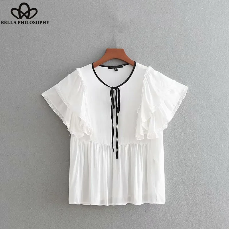 Wonder 2018 New Vestido o neck bow tied lace patchwork white Blouse Female butterfly sleeve pleates Shirt Blusas Femininas tops