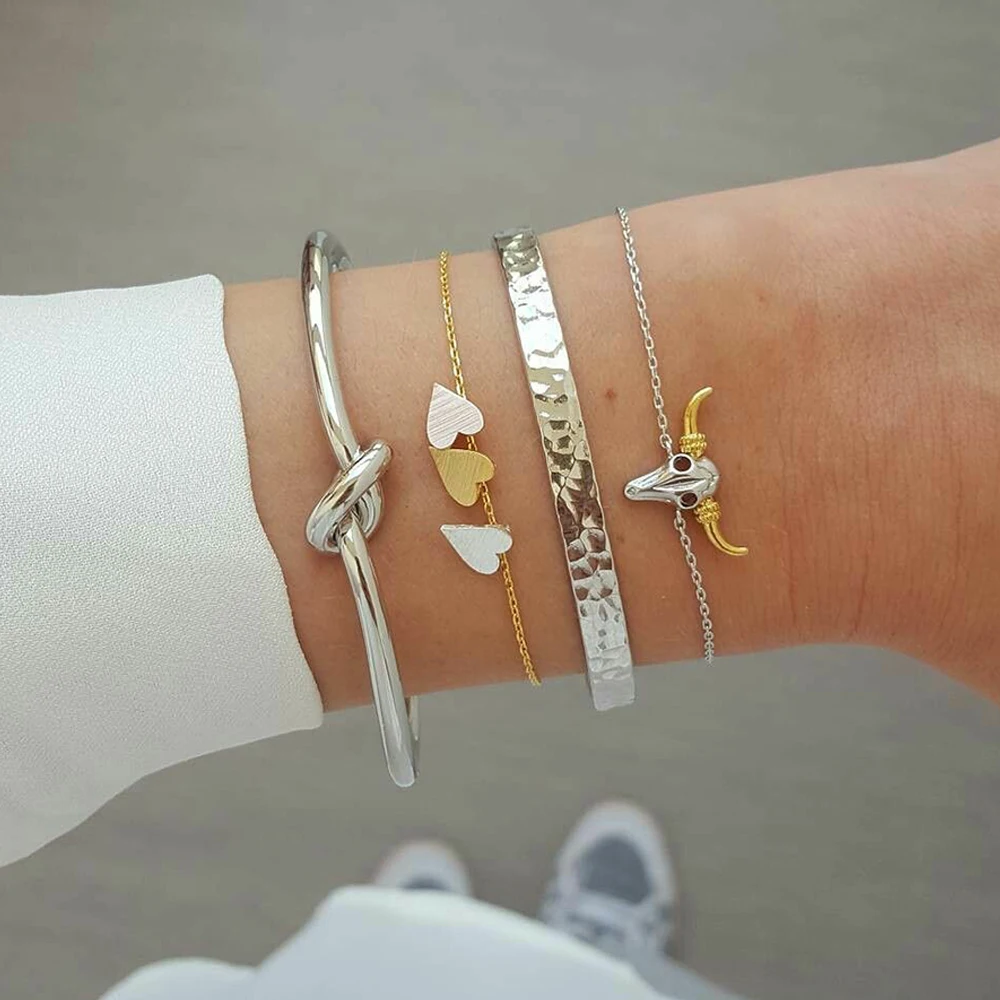 

4 Pcs/set Bohemian Fashion Gold Silver Heart Bull Knotted Irregular Bracelet Set Women Vintage Bangle Party Jewelry Accessories