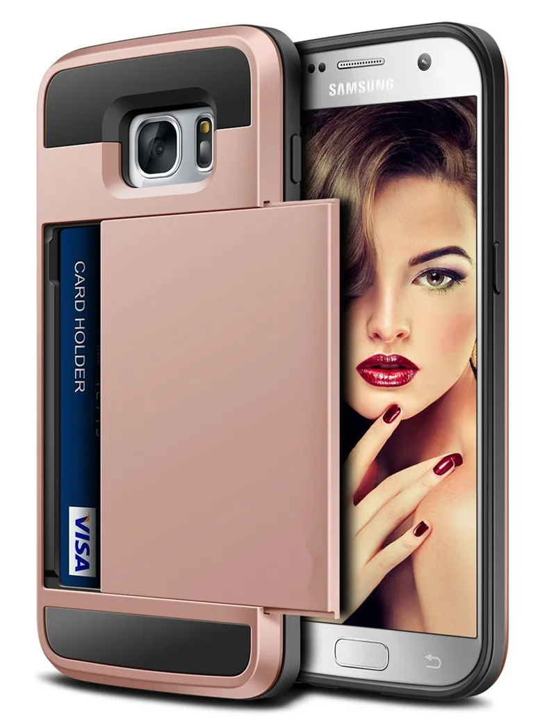 

NEW Slidable Card Wallet Card Slot Case for Samsung Galaxy S7 /S7 Edge Shock Absorbing Scratch-proof Hard Armor Protective Cover