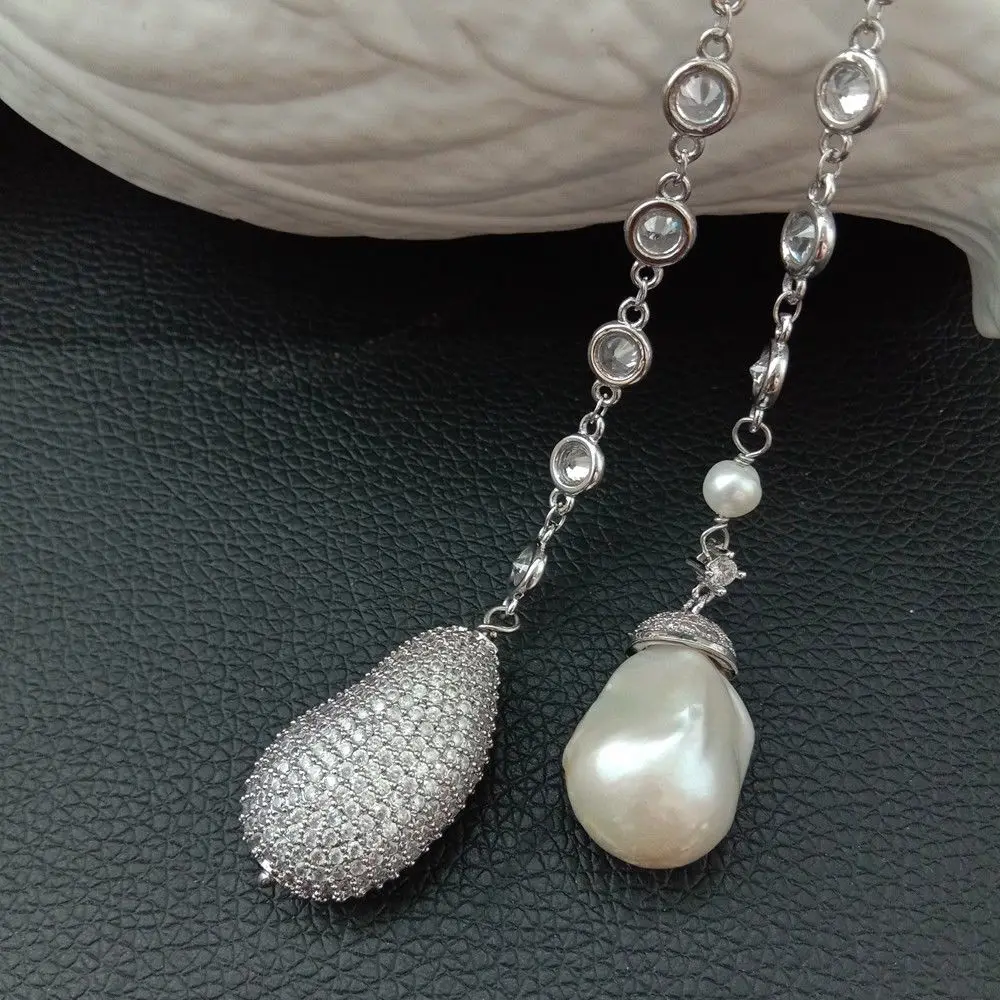 Aliexpress Buy 49 White Keshi Pearl Cz Pave Chain Long Necklace 