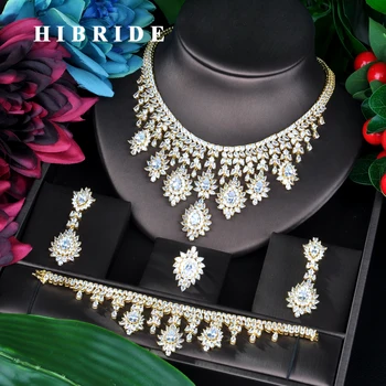 HIBRIDE Charm Gold Color AAA Cubic Zirconia Jewelry Sets for Women Bridal Wedding Sets 4 Pcs Earring Necklace Ring BraceletN-947