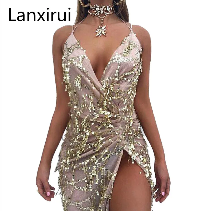 

2018 Spring Women Vintage Dress Apparel Sexy Sequin Tassel Beach Party Club Wear Maxi Long Dresses Gold Sequined Robe