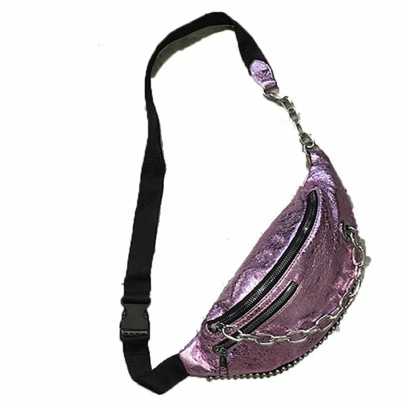 Новая поясная сумка в стиле хип-хоп Рок, модная Женская поясная сумка из искусственной кожи, трендовая нагрудная сумка с цепью - Цвет: Розовый