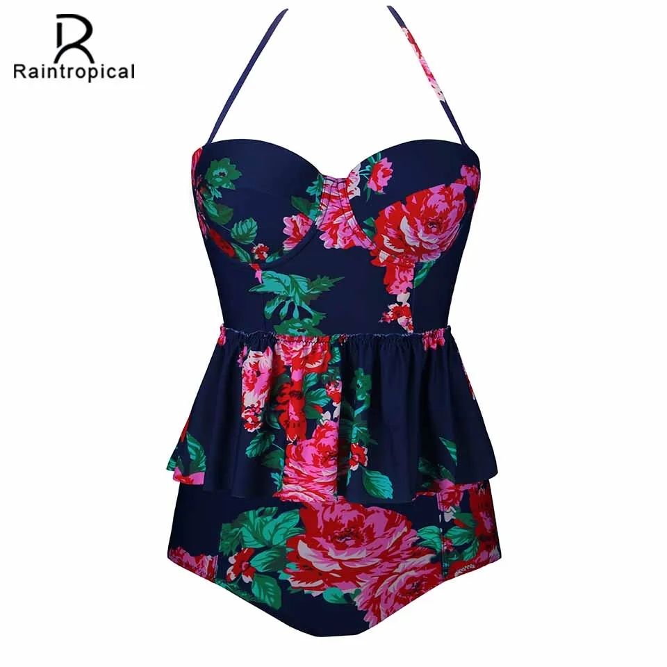 Billige Raintropical 2019 Neue Sexy Frauen Badeanzug Plus Size Bademode Tankini Strappy Bademode Patchwork Druck Weibliche Badeanzüge 5XL