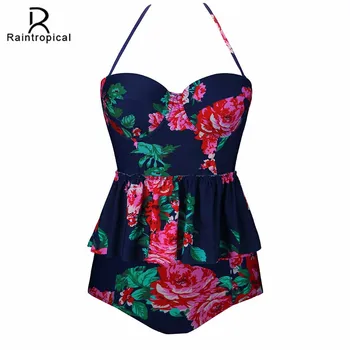 

Raintropical 2019 New Sexy Women Swimsuit Plus Size Swimwear Tankini Strappy Swimwear Patchwork Print Female Bathing Suits 5XL