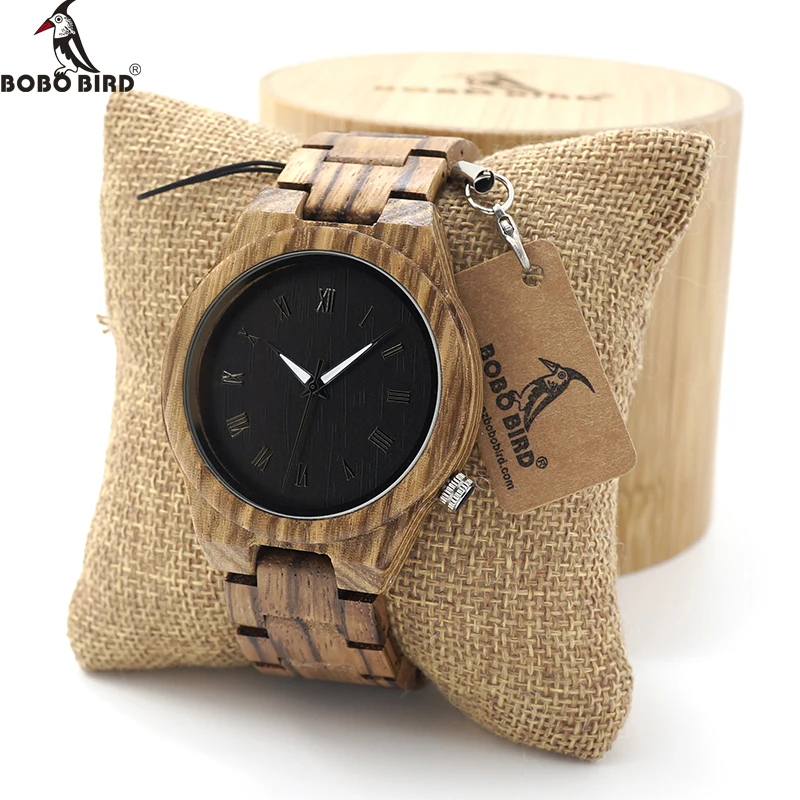 BOBO BIRD Mens Watch Zebra Wood Quartz Watch with Luminous Hands Full Wood Band in Gift Box custom logo saat erkek relojes