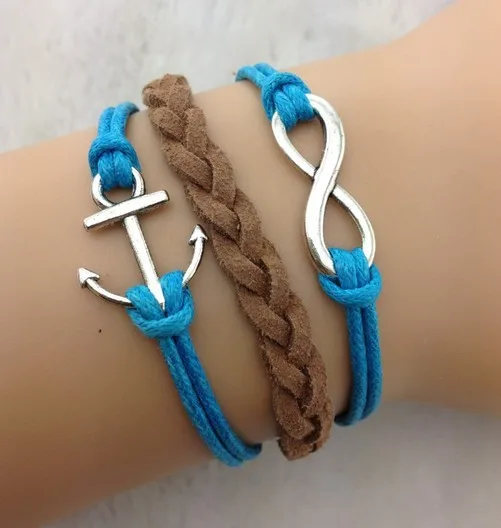 3pcs infinity bracelet, braid bracelet,antique silver anchor charm pendant bracelet, wax cord bracelet 584