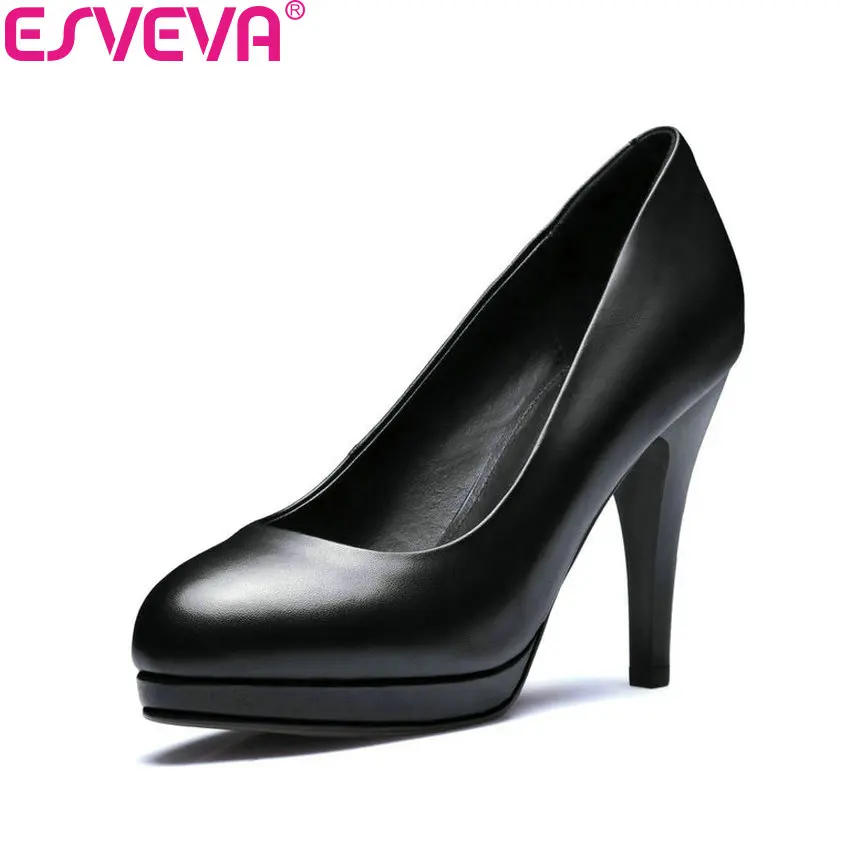 

ESVEVA 2018 Women Pumps Sexy Thin High Heel Party PU+Cow Leather Office Ladies Shoes Slip on Size 7/8.5cm 34-42 9.2/11.2cm 34-39