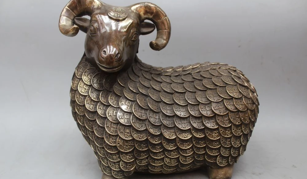 

12" Chinese Folk Brass Wealth Zodiac Year Sheep Goat Money Coin Statue Sculpture