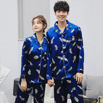 

2019 Spring Autumn Couples Silk Satin Pajamas Sets for Women Long Sleeve Sleepwear Pyjamas Lounge Homewear Pijama Mujer Clothing