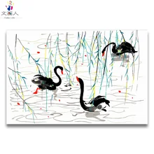 Три Черный гусей Цифровая живопись маслом по номерам посылка, Китайский Классическая чернила раскраска Раскрась по номеру в цвета для детей