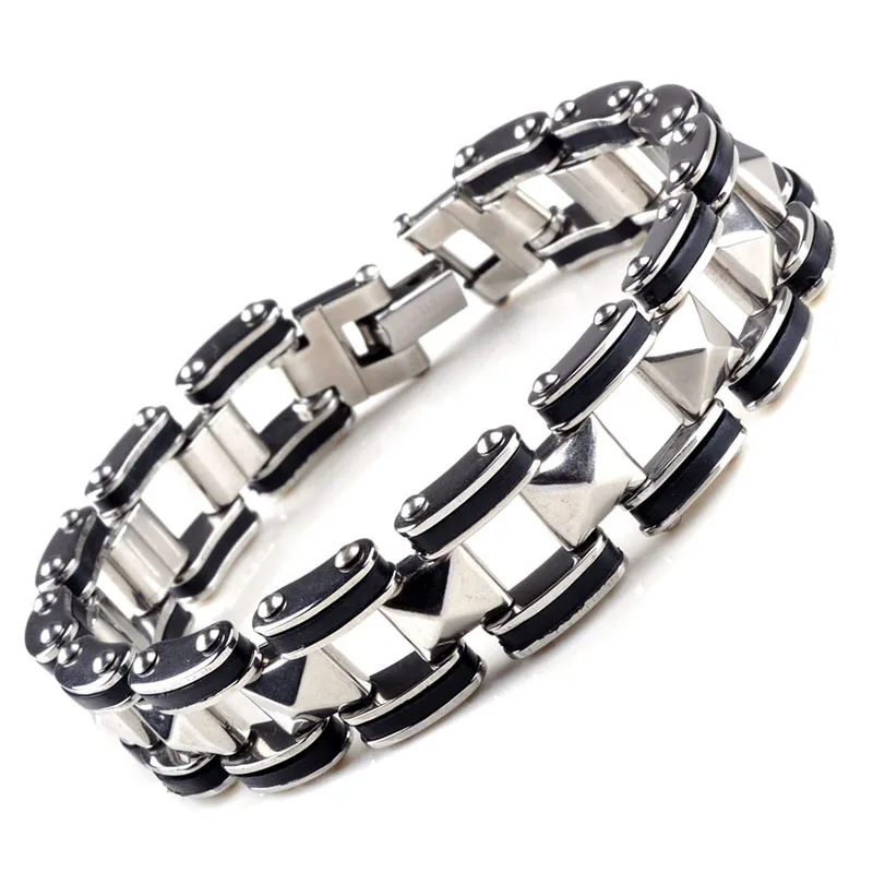 Cool Silver Stainless Steel Bracelet Black Rubber Motorcycle Biker Men