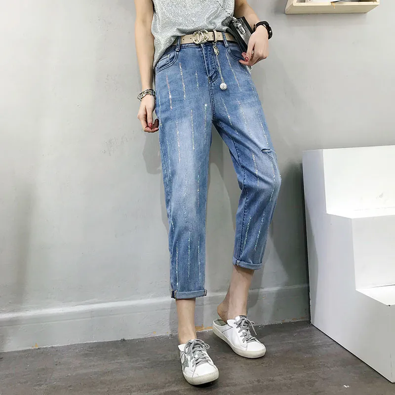 

regular fit ripped vintage wash hot fix artificial stone glitter stone denim blue jeans pants trousers for ladies women girls