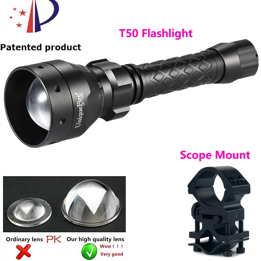 

Uniquefire Tactical Led Flashlight 1406-XRE Led Zoom 3 Modes(Hi>Mi>Low) Adjustable 50mm Lens Lamp Torch+Scope Mount For Fix Lamp